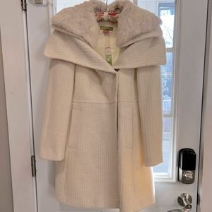 Itala Testino designer cream alpaca coat with removable rabbit trim collar.